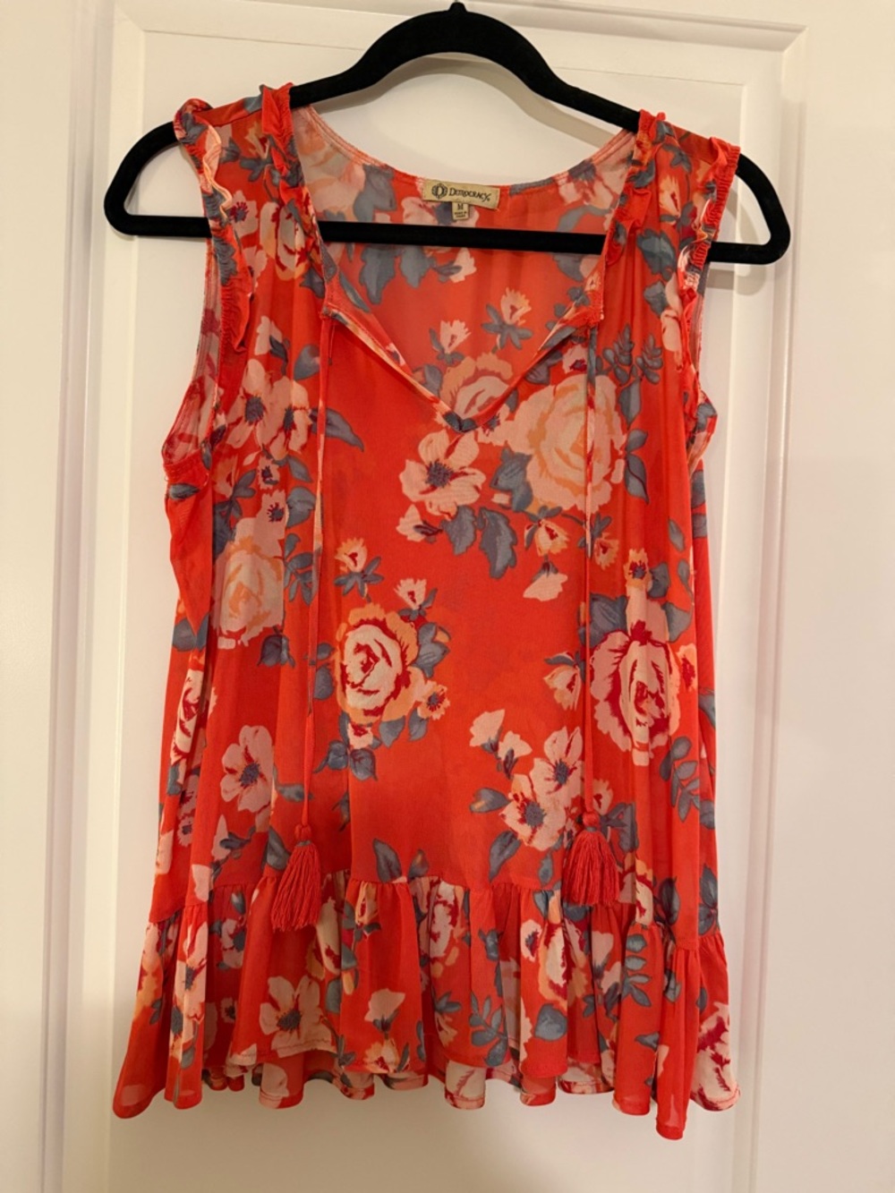 Democracy Coral Floral V-Neck Tassel Ruffle Camisole